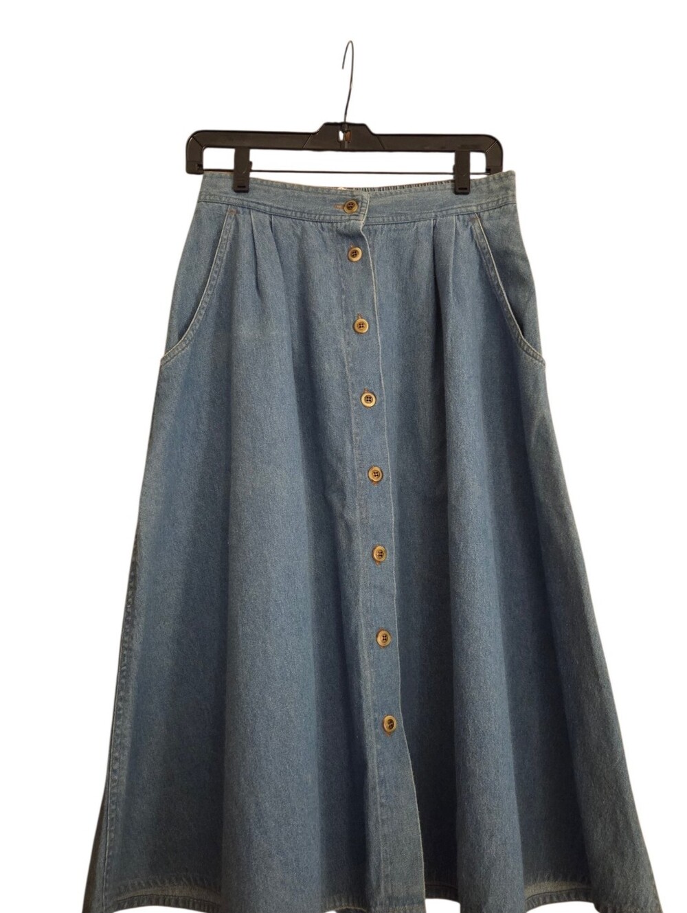 Russ Studio Denim Midi Skirt Cotton Button Front Pockets Boho Peasant Size 12